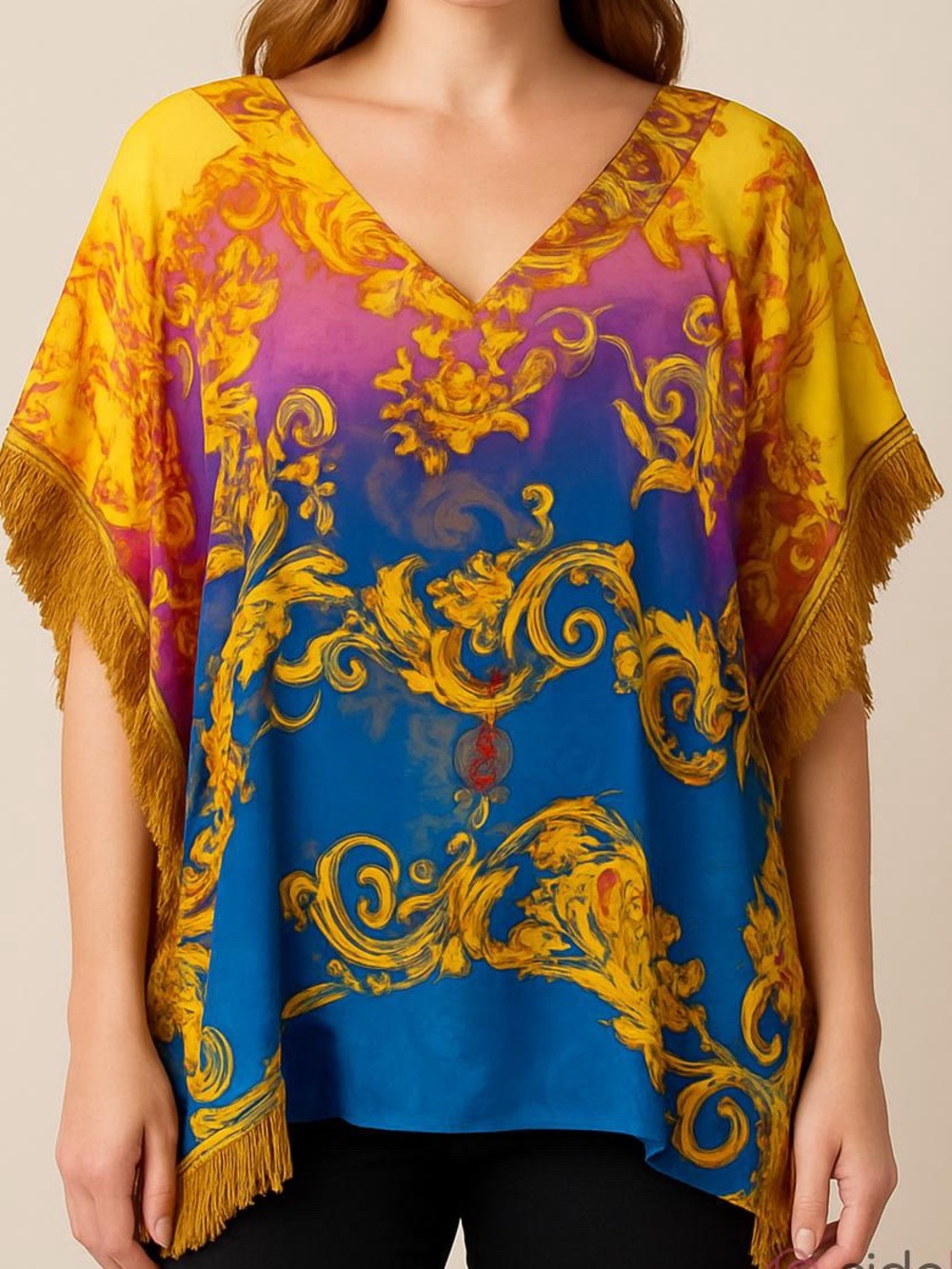 ADRIANA ROSILES Vibrant Baroque chiffon Caftan blouse Fringe blue purple OS NEW